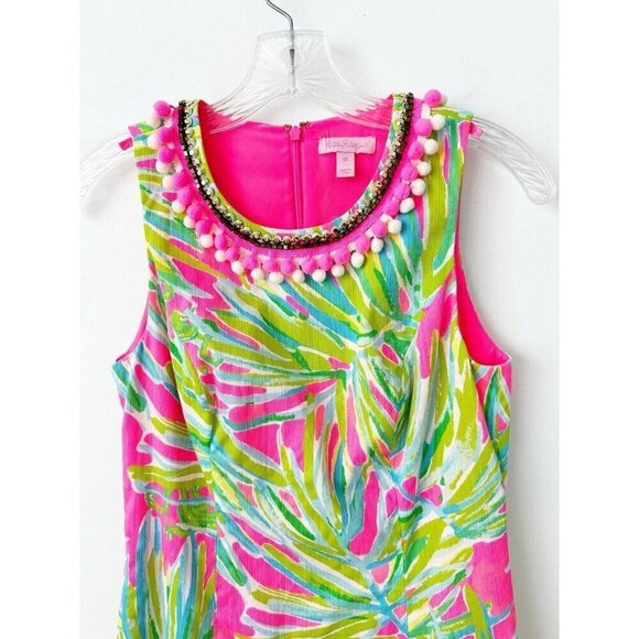 Lilly Pulitzer Mila Tiki Pink Shift Dress 00 100% Cotton Pom Pom Floral - Picture 6 of 10